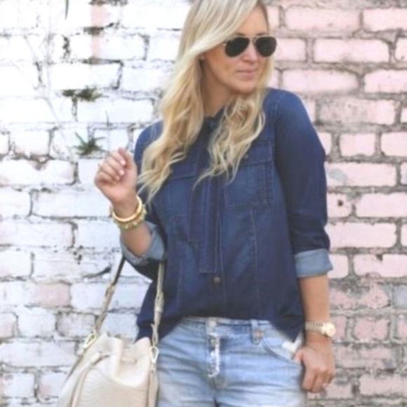 Cabi Waterfront Denim Bow Shirt‎ Long sleeve Button Down Size Medium Tencel - Picture 5 of 8